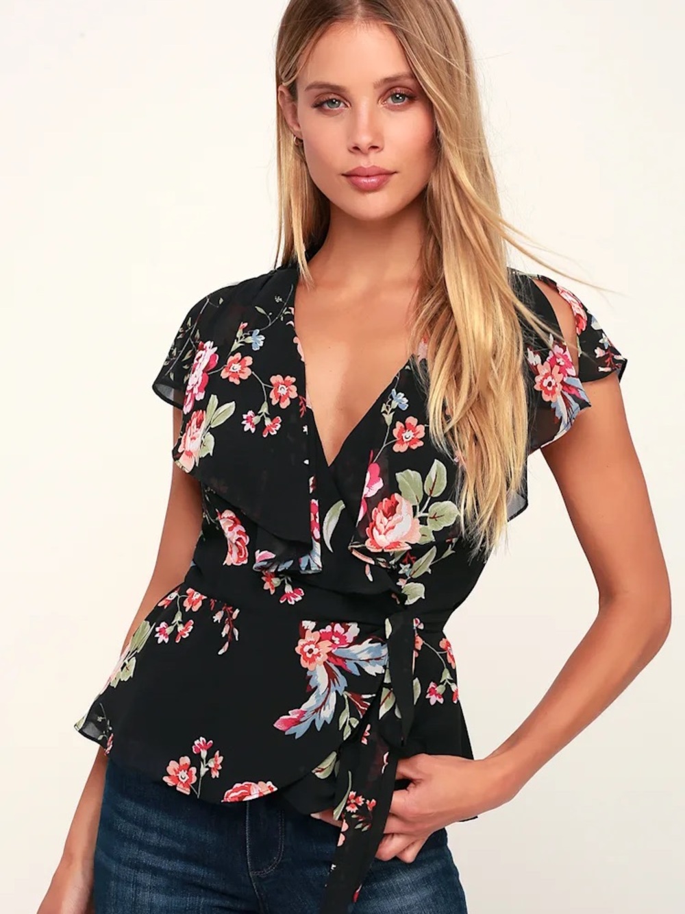 Lulu's Black Floral Wrap Peplum Blouse